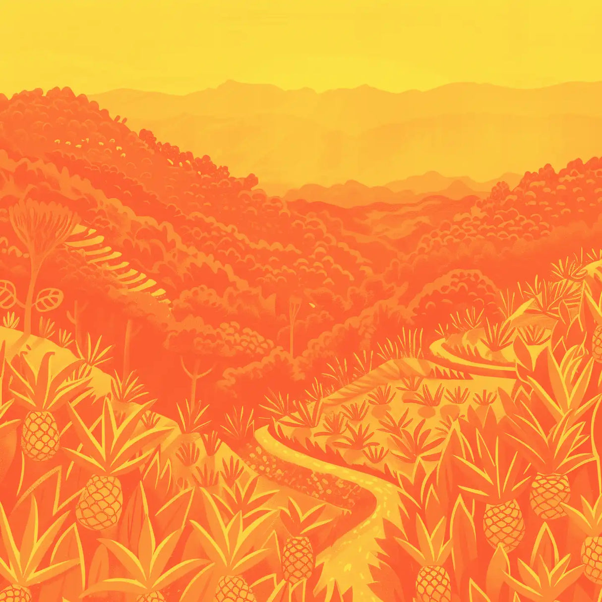 Hilly landscape with pineapple plants on a yellow background