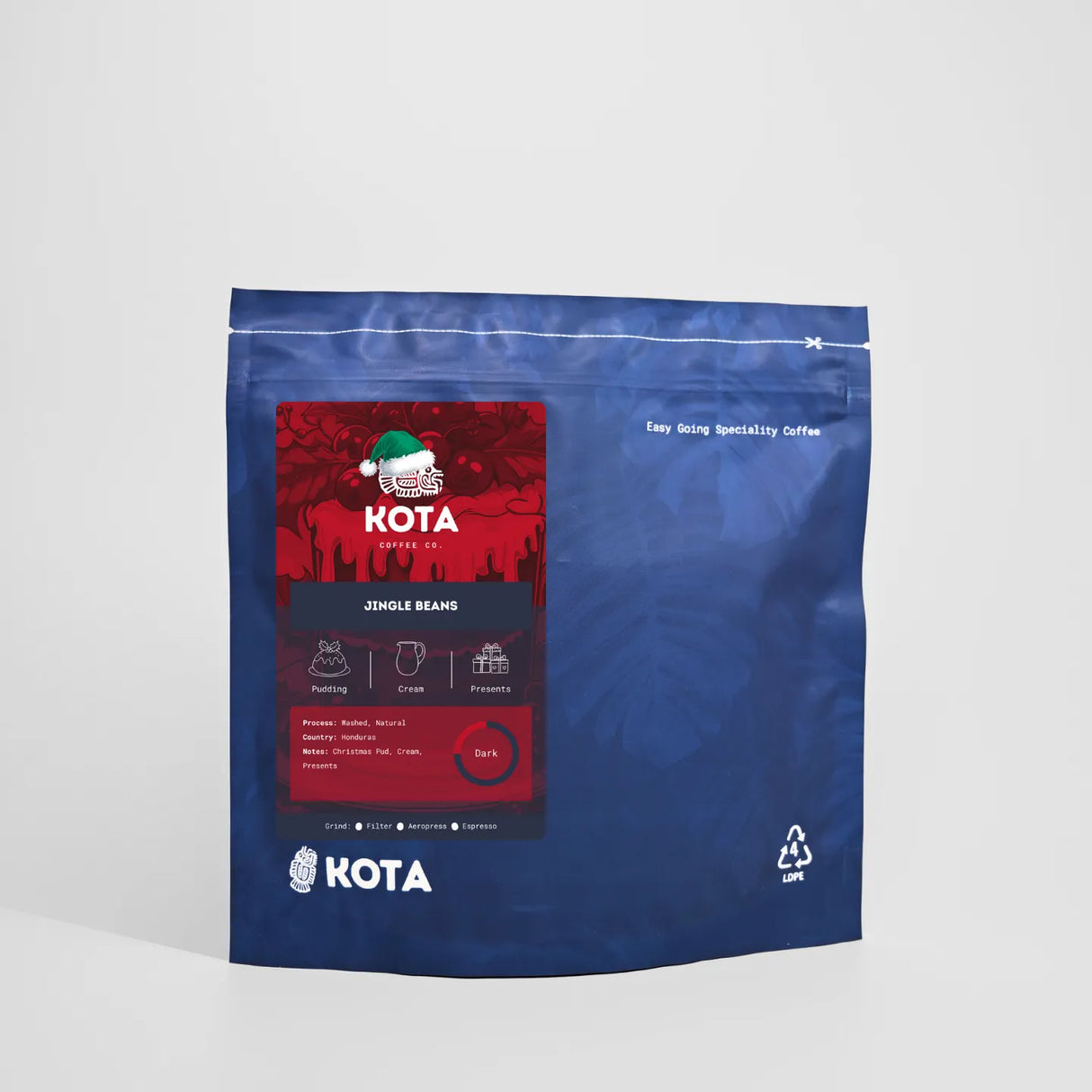 Kota coffee package with red label on a white background